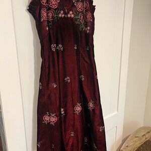 JessaKae Wine Red Embroidered Maxi Dress with Pink & Green Accents